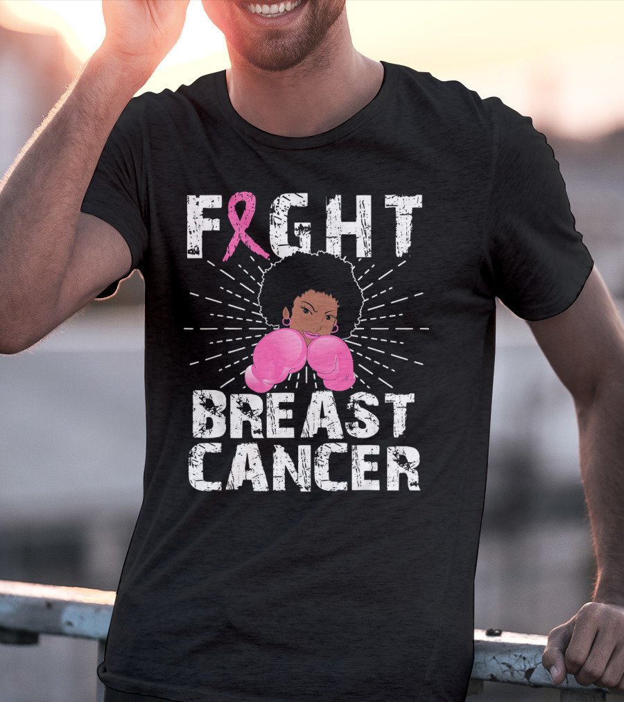 FIGHT Breast Cancer Pink Ribbon Afro Woman Boxing Gloves T-Shirt