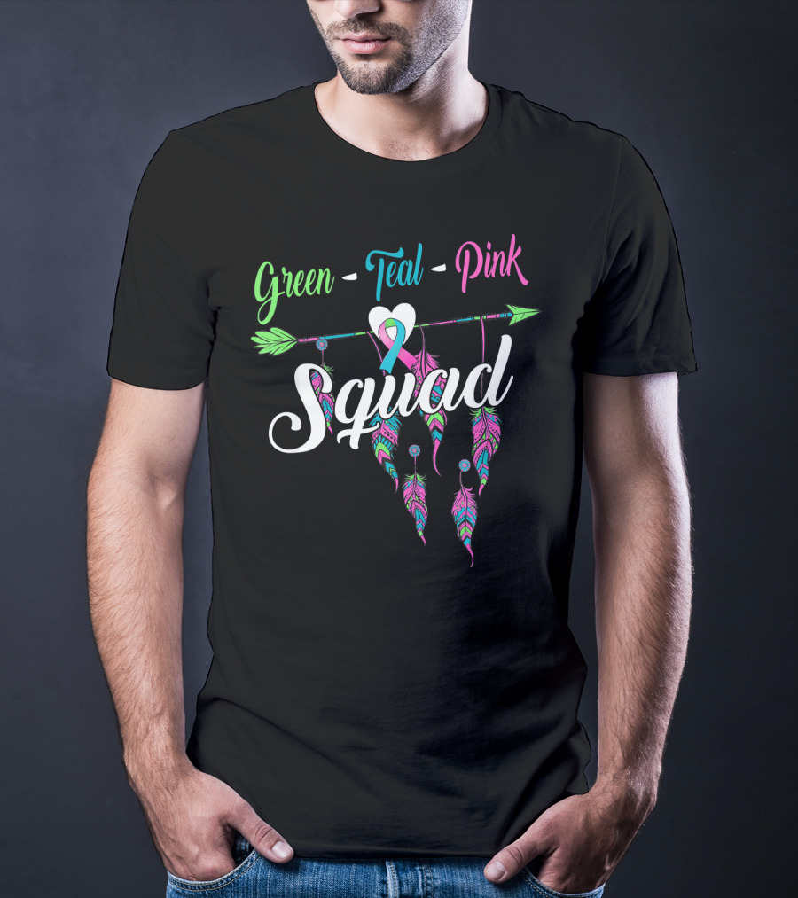 Green Teal Pink Ribbon Arrow Heart Feather Squad T-Shirt