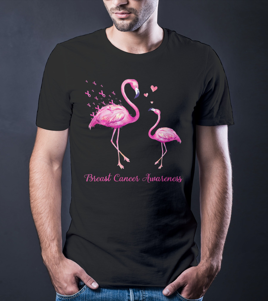 Breast Cancer Awareness Family Flamingo Mom Baby Hearts T-Shirt