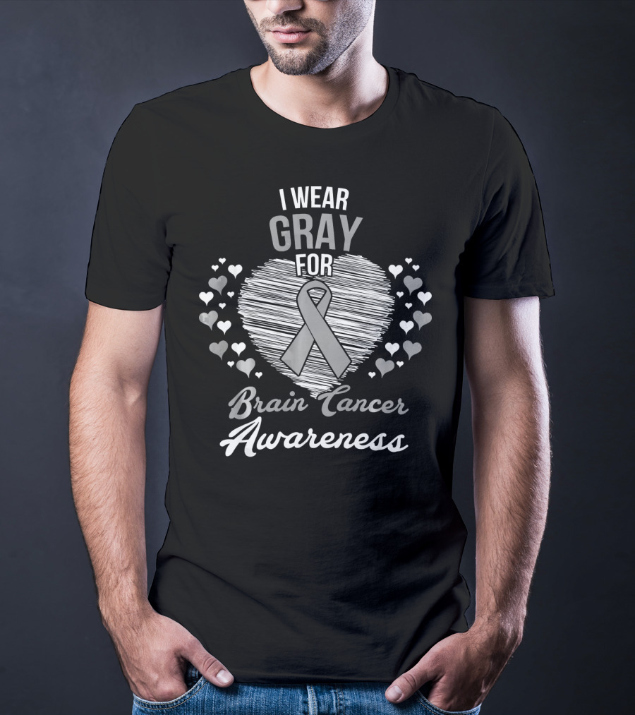 I Wear Gray For Brain Cancer Awareness Ribbon Heart And Hearts T-Shirt