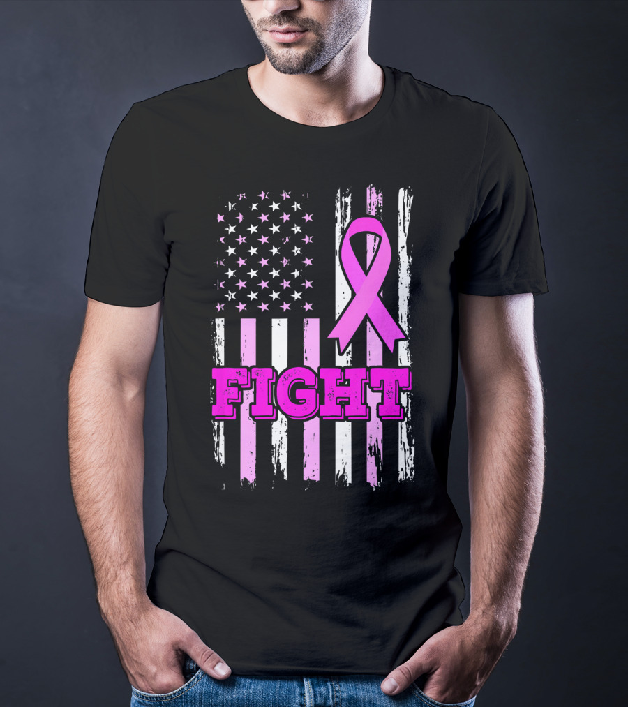 Fight Pink Ribbon American Flag Breast Cancer Awareness T-Shirt