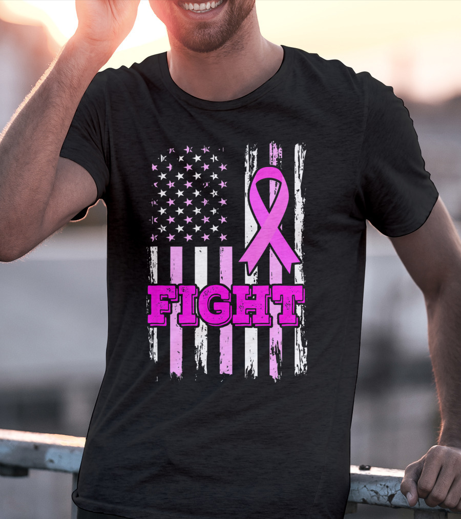 Fight Pink Ribbon American Flag Breast Cancer Awareness T-Shirt