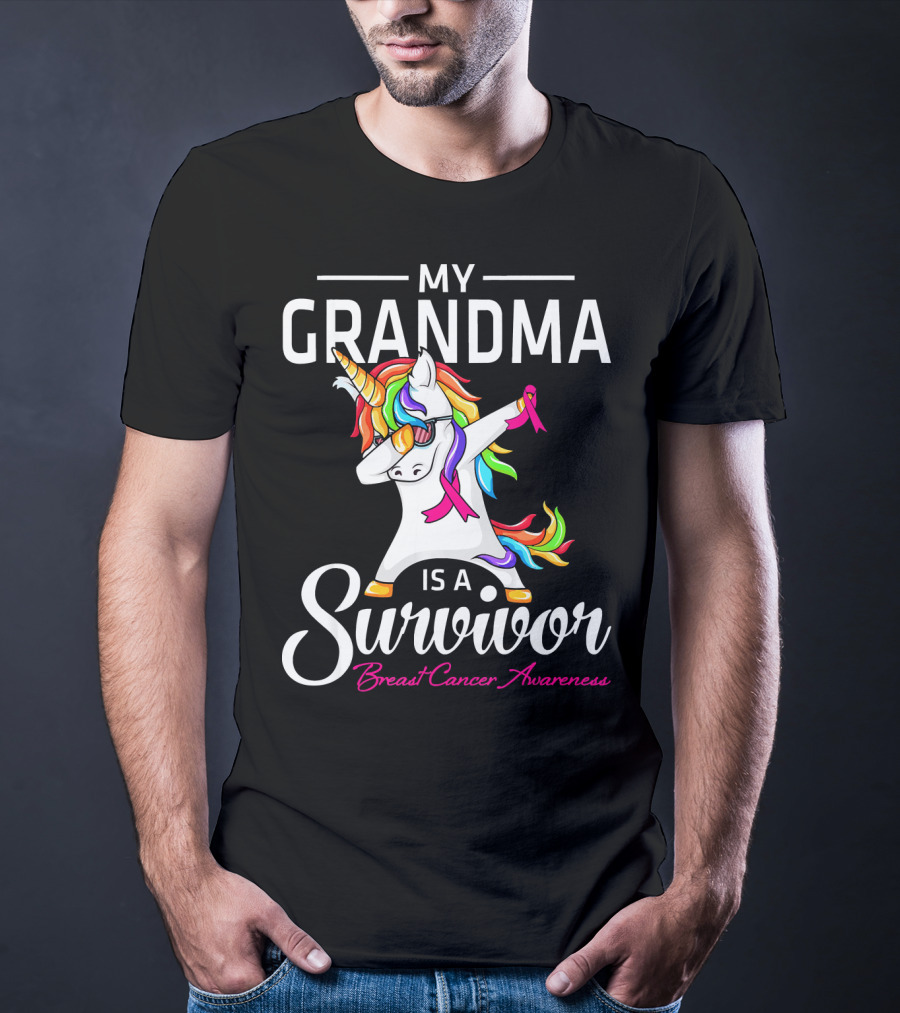 My Grandma Is A Survivor Breast Cancer Awareness Unicorn Dab T-Shirt