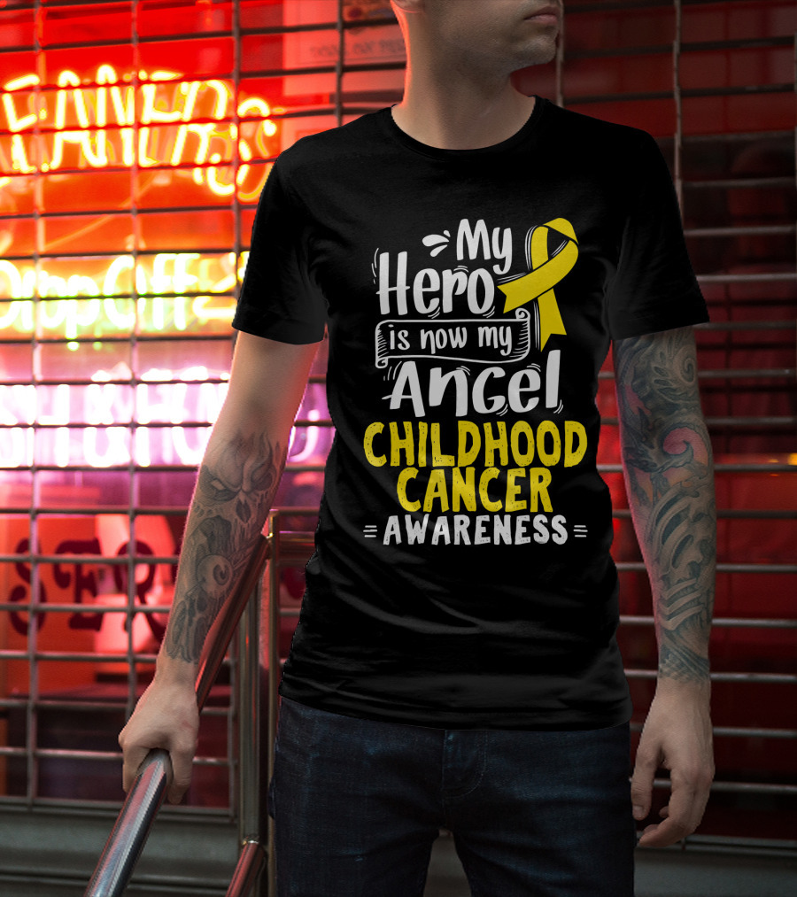 Gold Awareness Ribbon My Hero Is Now My Angel Childhood Cancer Awareness T-Shirt