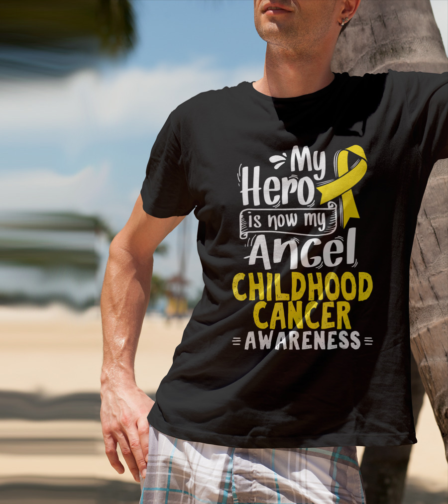 Gold Awareness Ribbon My Hero Is Now My Angel Childhood Cancer Awareness T-Shirt