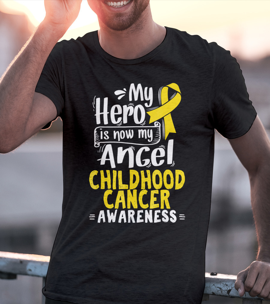 Gold Awareness Ribbon My Hero Is Now My Angel Childhood Cancer Awareness T-Shirt