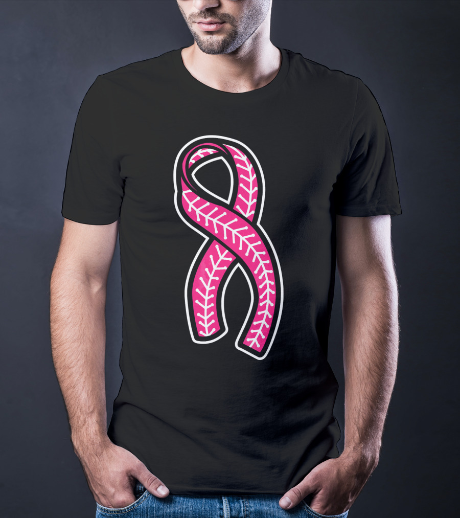Pink Ribbon Baseball Stitching Breast Cancer Awareness T-Shirt