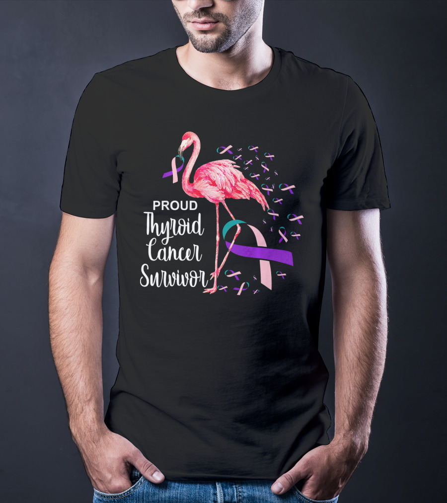 Proud Thyroid Cancer Survivor Flamingo Pink And Purple Ribbons T-Shirt