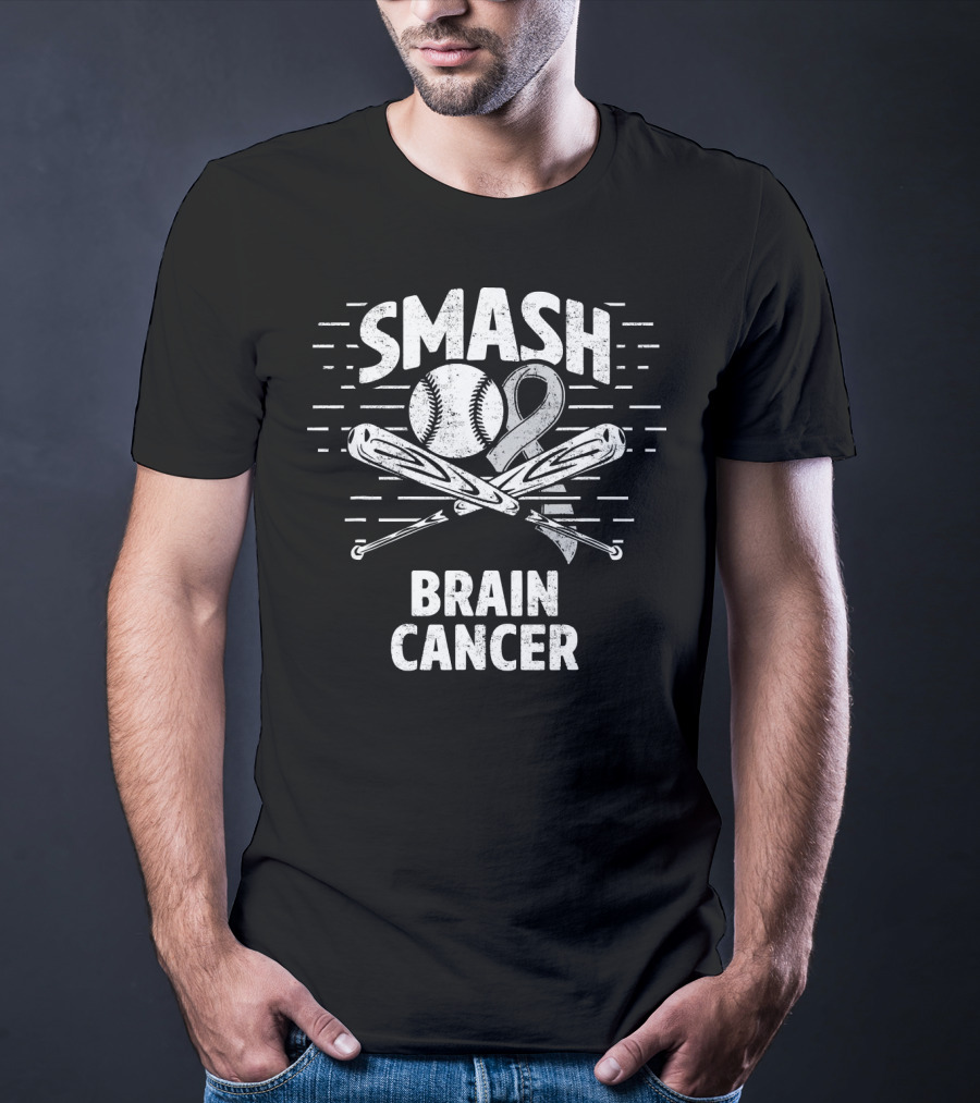 Smash Brain Cancer Baseball Ribbon Therapy Grey T-Shirt