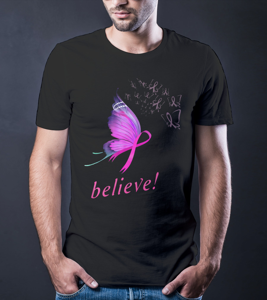 Believe Pink Ribbon Butterfly Breast Cancer Awareness T-Shirt