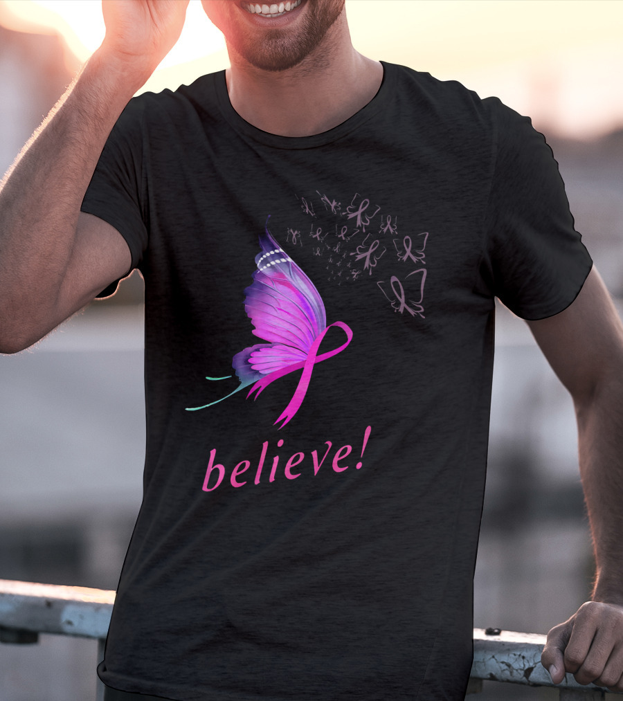 Believe Pink Ribbon Butterfly Breast Cancer Awareness T-Shirt