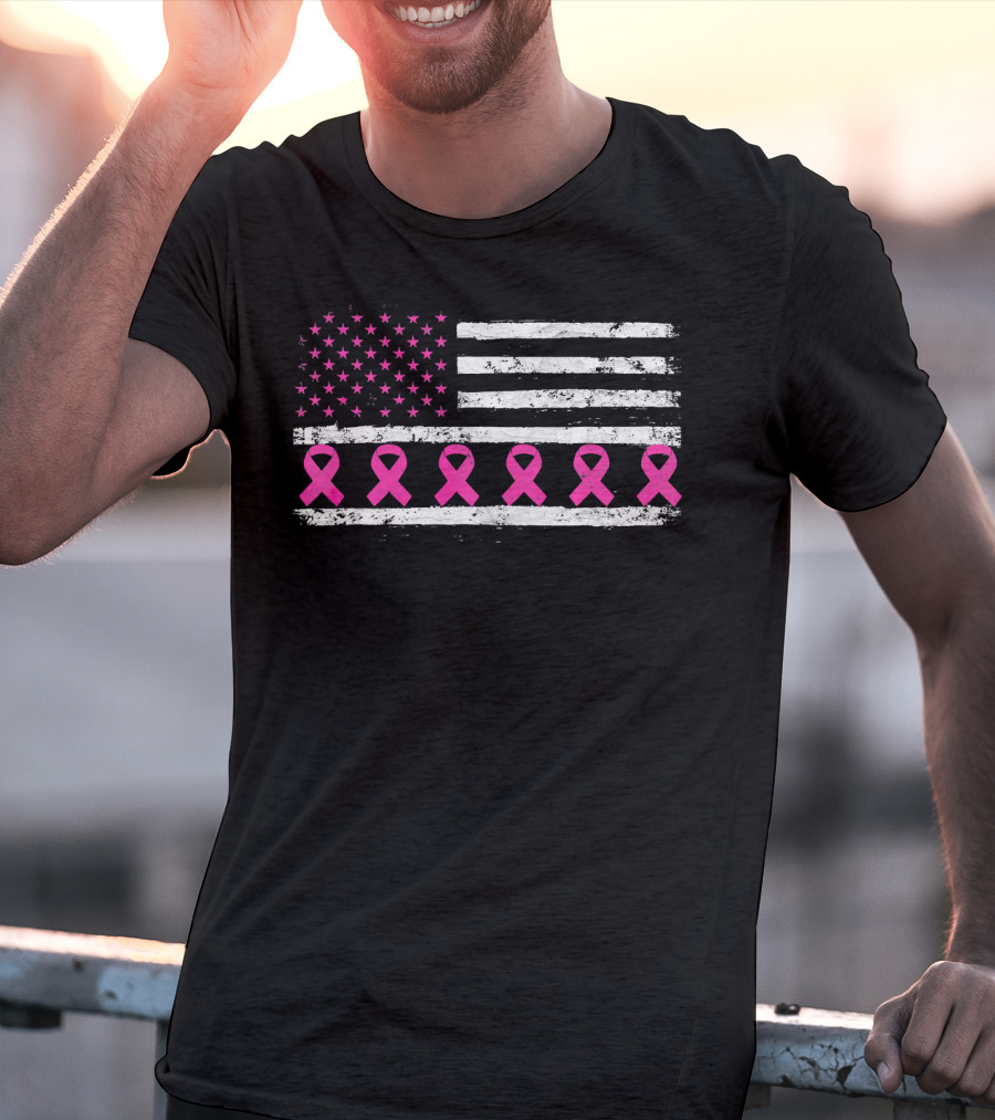 American Flag Distressed Breast Cancer Awareness Pink Ribbons T-Shirt