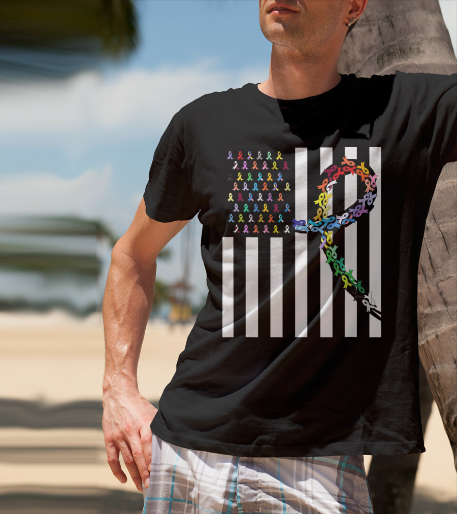 All Cancer Matters Awareness USA Flag Ribbon Stripes T-Shirt