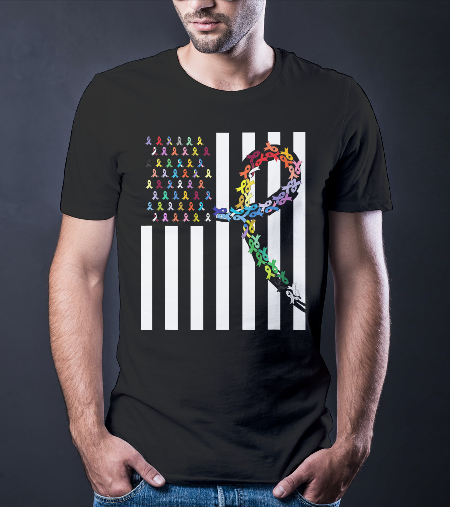 All Cancer Matters Awareness USA Flag Ribbon Stripes T-Shirt