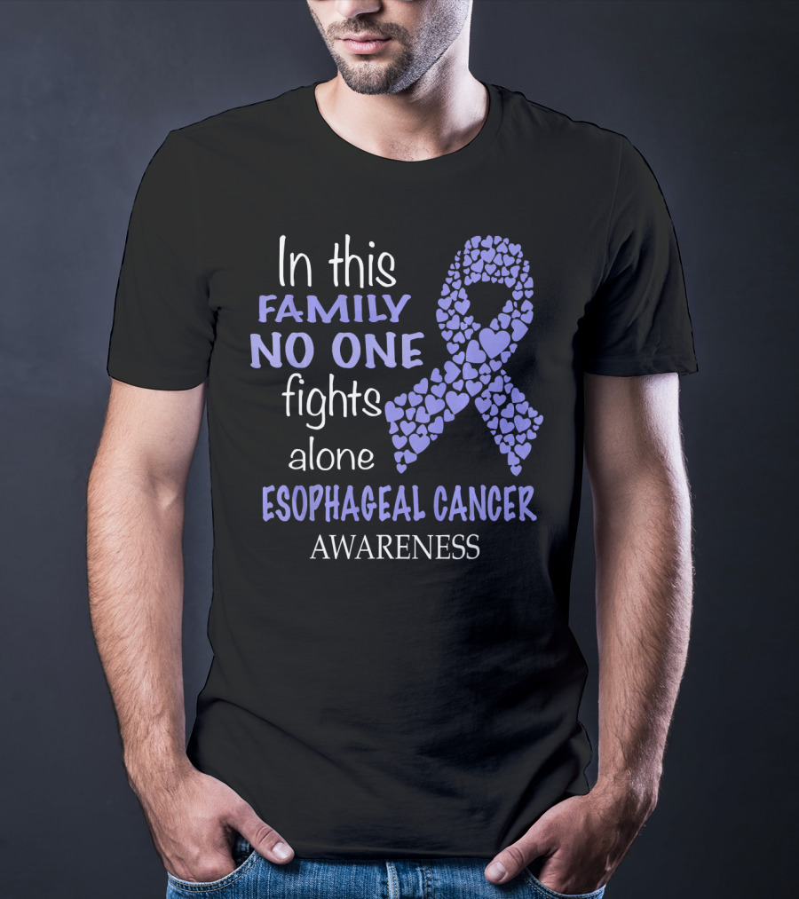 In This Family No One Fights Alone Esophageal Cancer Awareness Ribbon Hearts T-Shirt