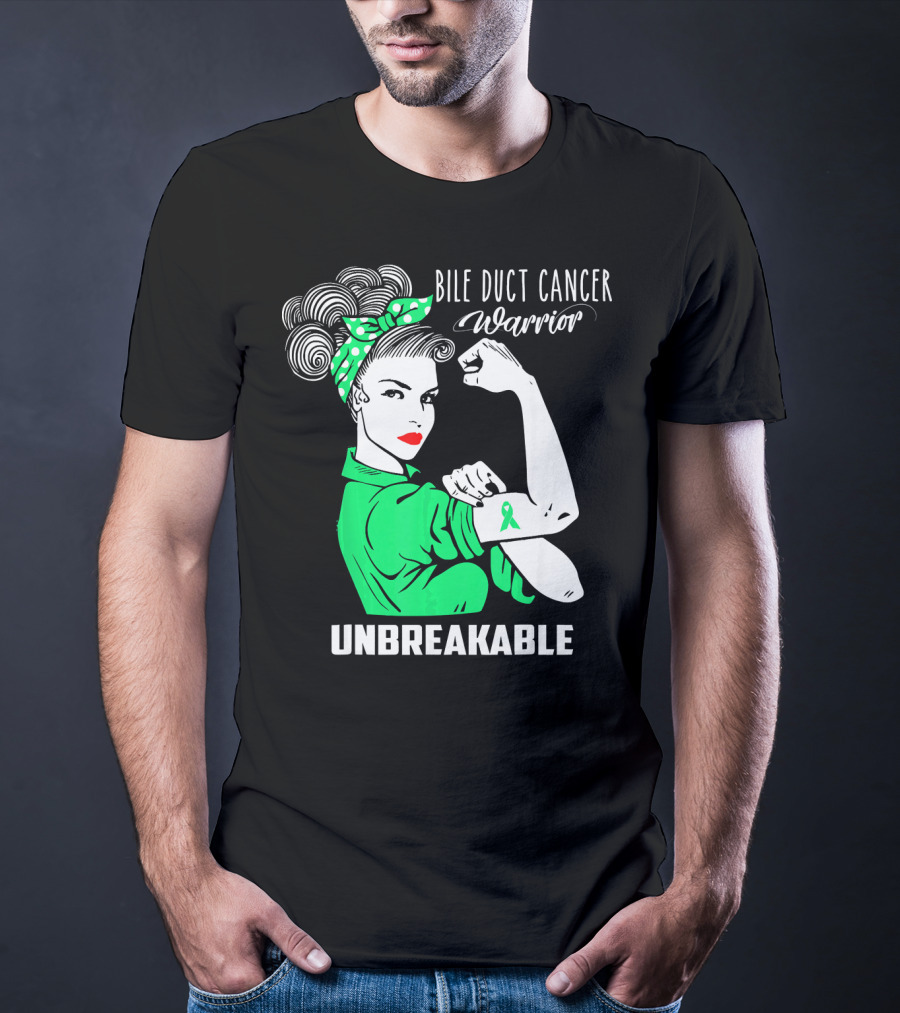 Bile Duct Cancer Warrior Unbreakable Rosie The Riveter Style With Awareness T-Shirt