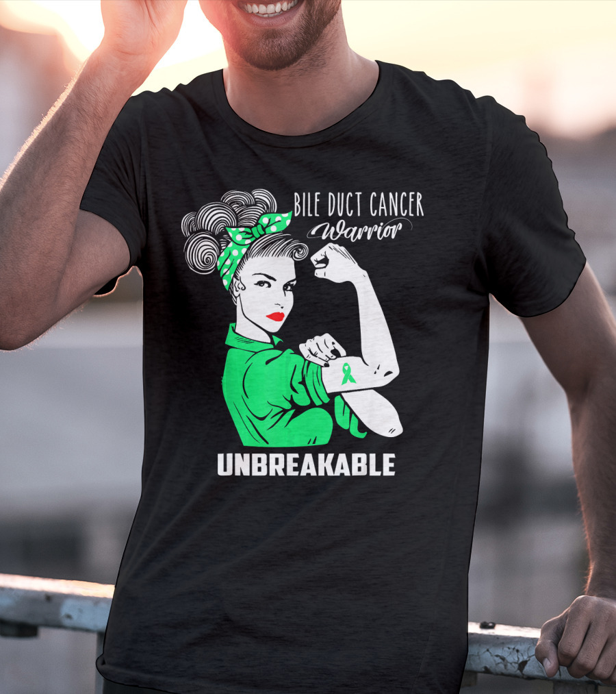 Bile Duct Cancer Warrior Unbreakable Rosie The Riveter Style With Awareness T-Shirt