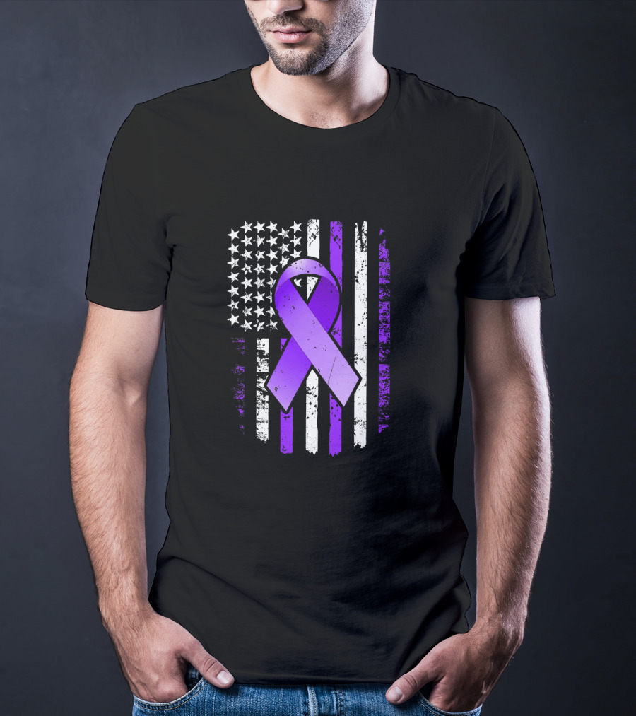 American Flag Purple Ribbon Pancreatic Cancer Awareness T-Shirt