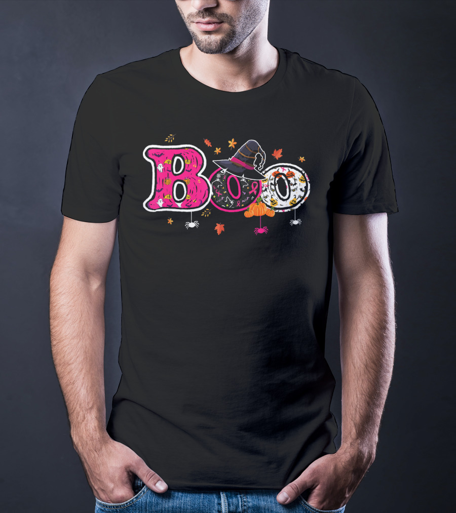 Boo Halloween Breast Cancer Awareness Witch Hat Ribbon Pumpkins Spiders Leaves T-Shirt