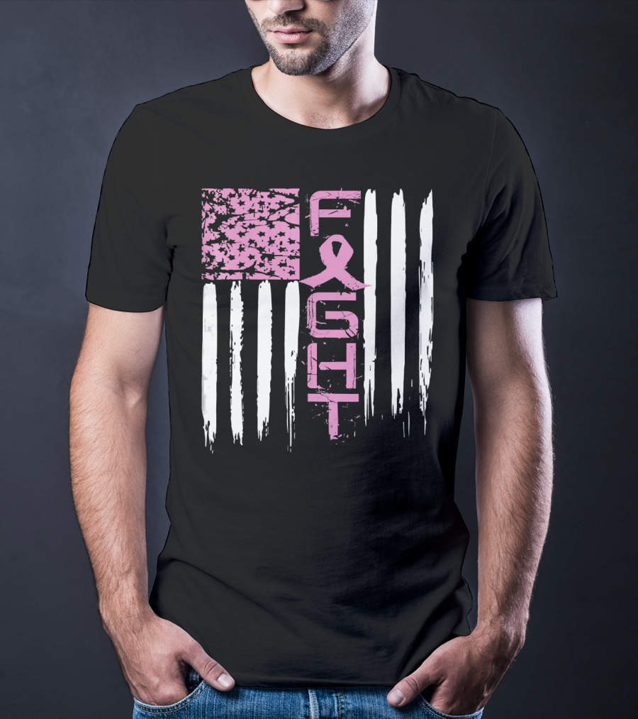 Fight Cancer Awareness Breast Pink Ribbon American Flag T-Shirt