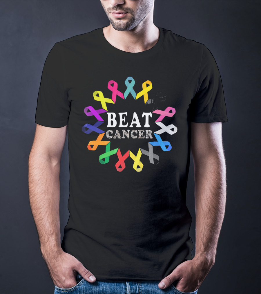 BEAT CANCER Multicolored Awareness Ribbons T-Shirt