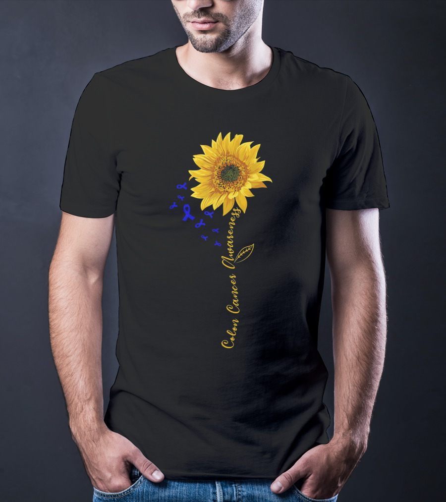 Hippie Sunflower Colon Cancer Awareness Sunflower With Blue Ribbons T-Shirt
