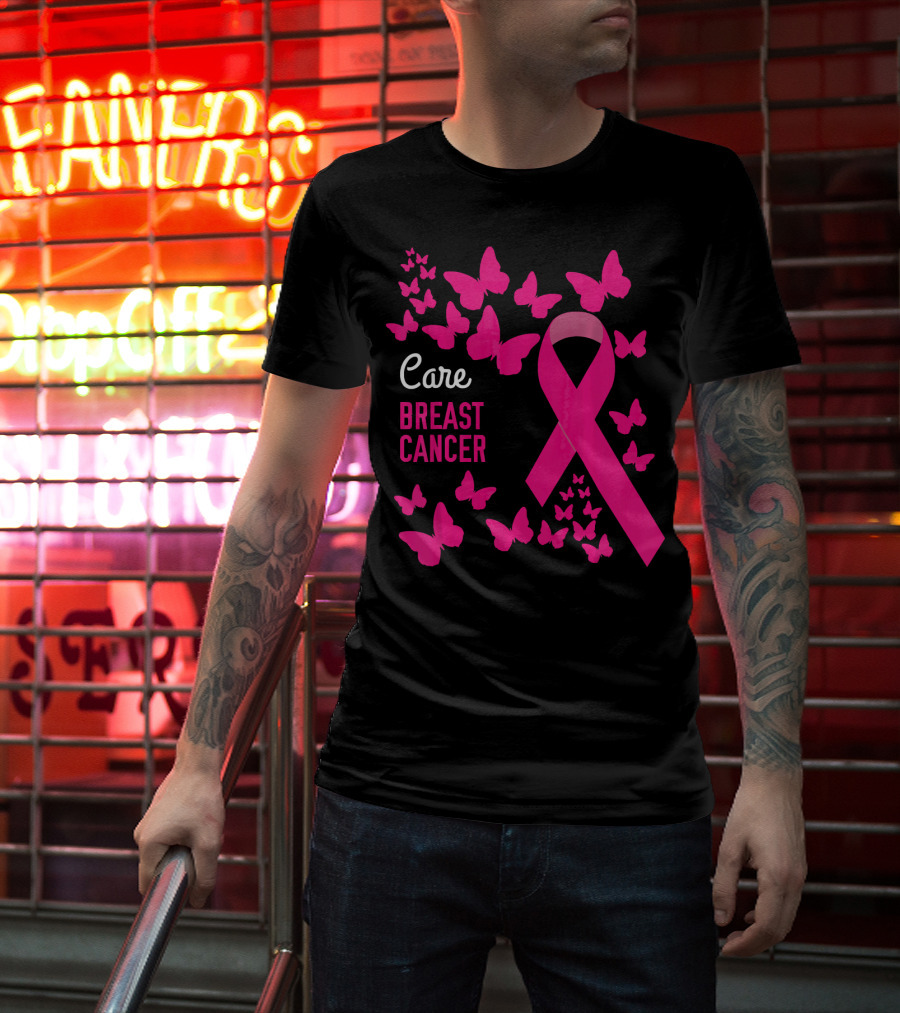 Care Breast Cancer Pink Ribbon Awareness With Butterfly Support T-Shirt