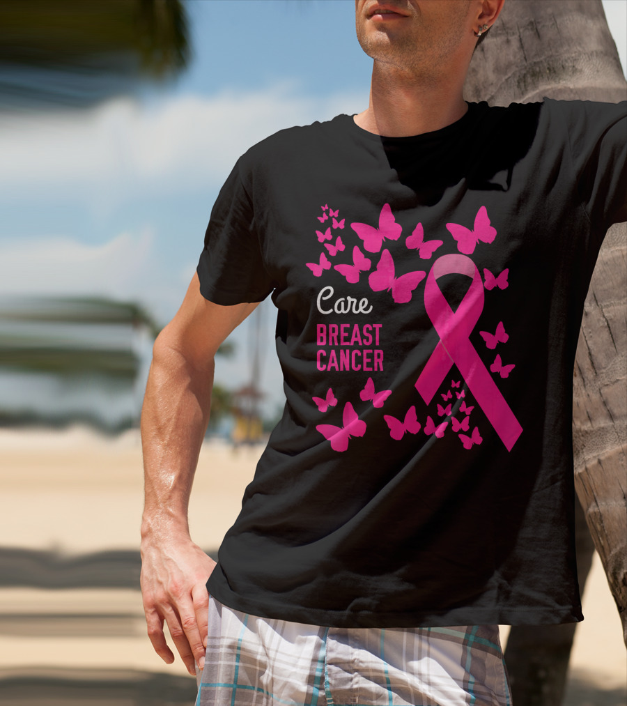Care Breast Cancer Pink Ribbon Awareness With Butterfly Support T-Shirt