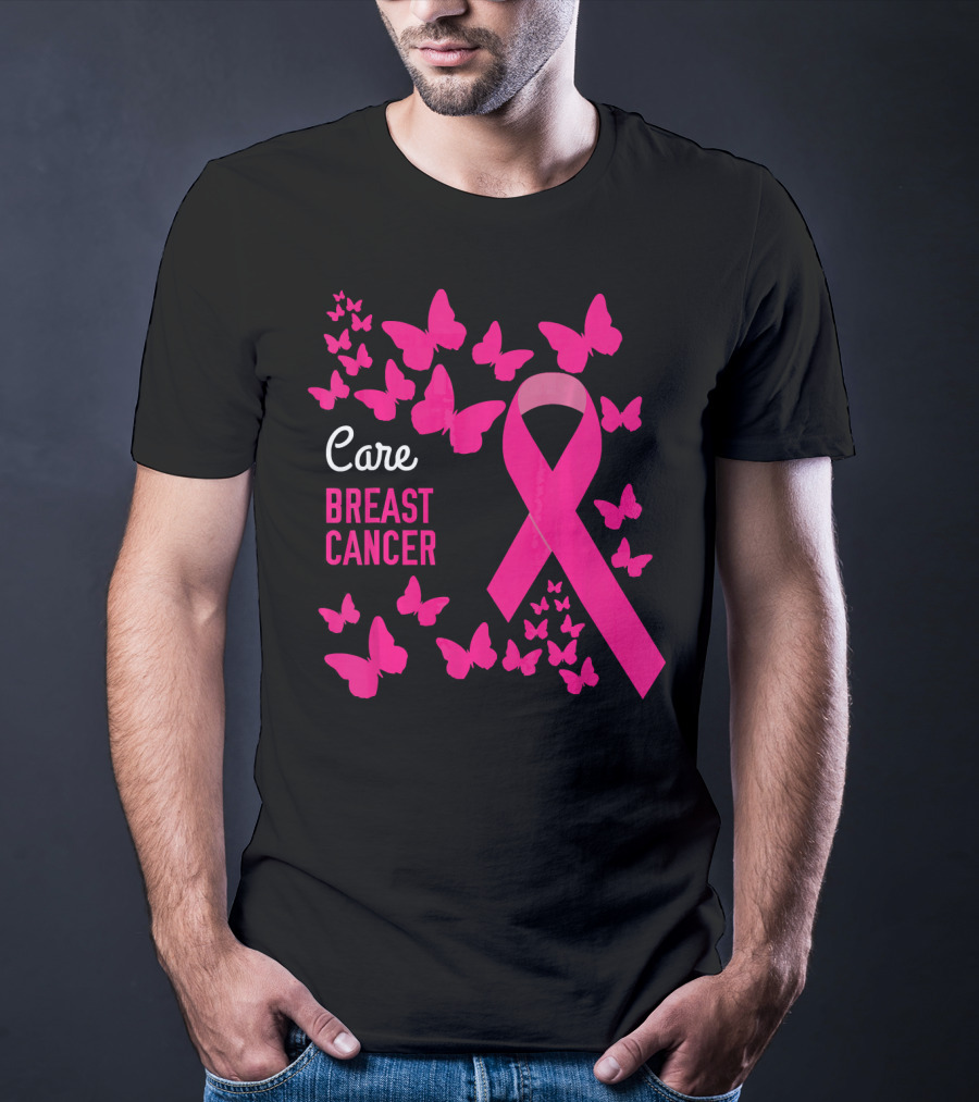 Care Breast Cancer Pink Ribbon Awareness With Butterfly Support T-Shirt