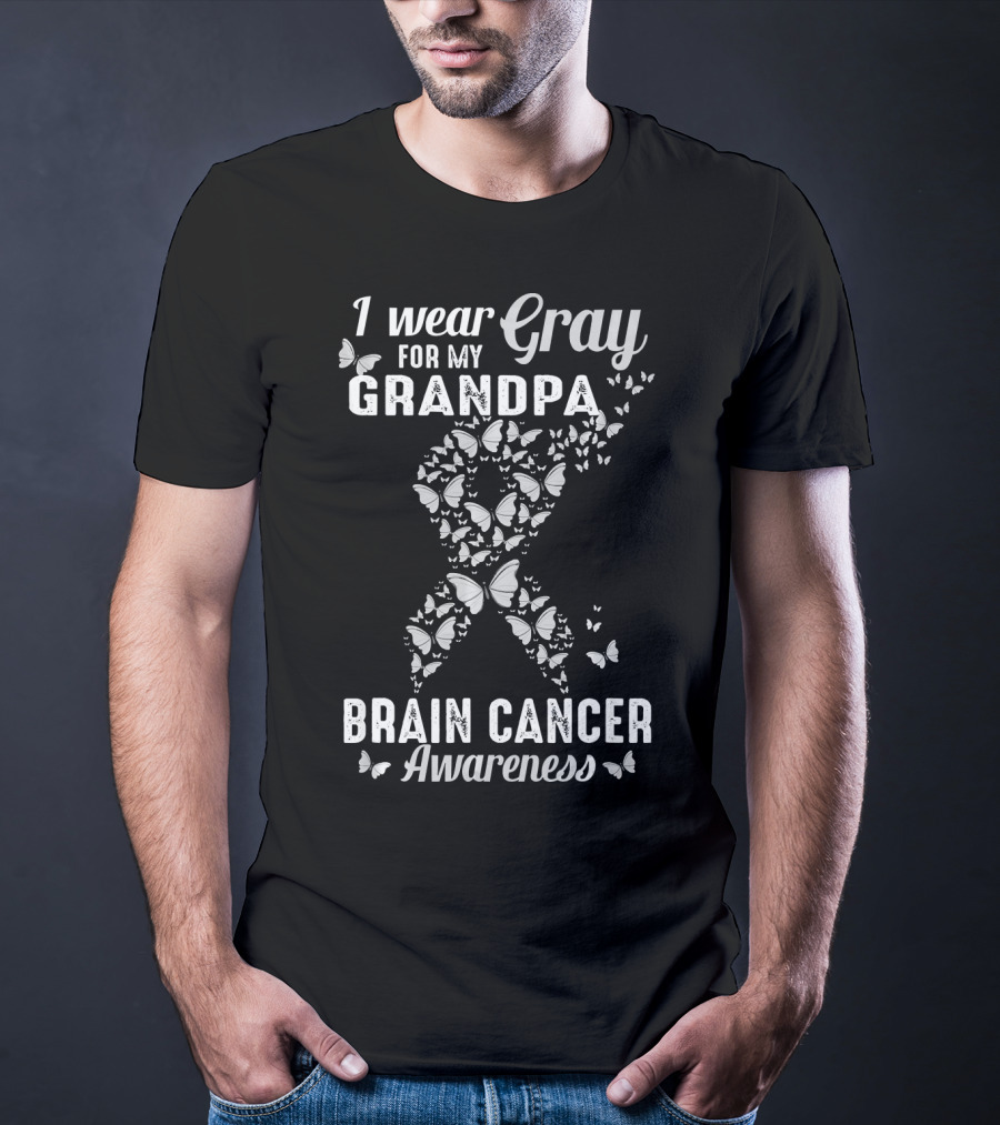 I Wear Gray For My Grandpa Brain Cancer Awareness Butterflies T-Shirt
