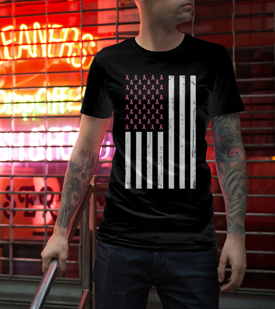 American Flag Pink Ribbons Breast Cancer Awareness T-Shirt