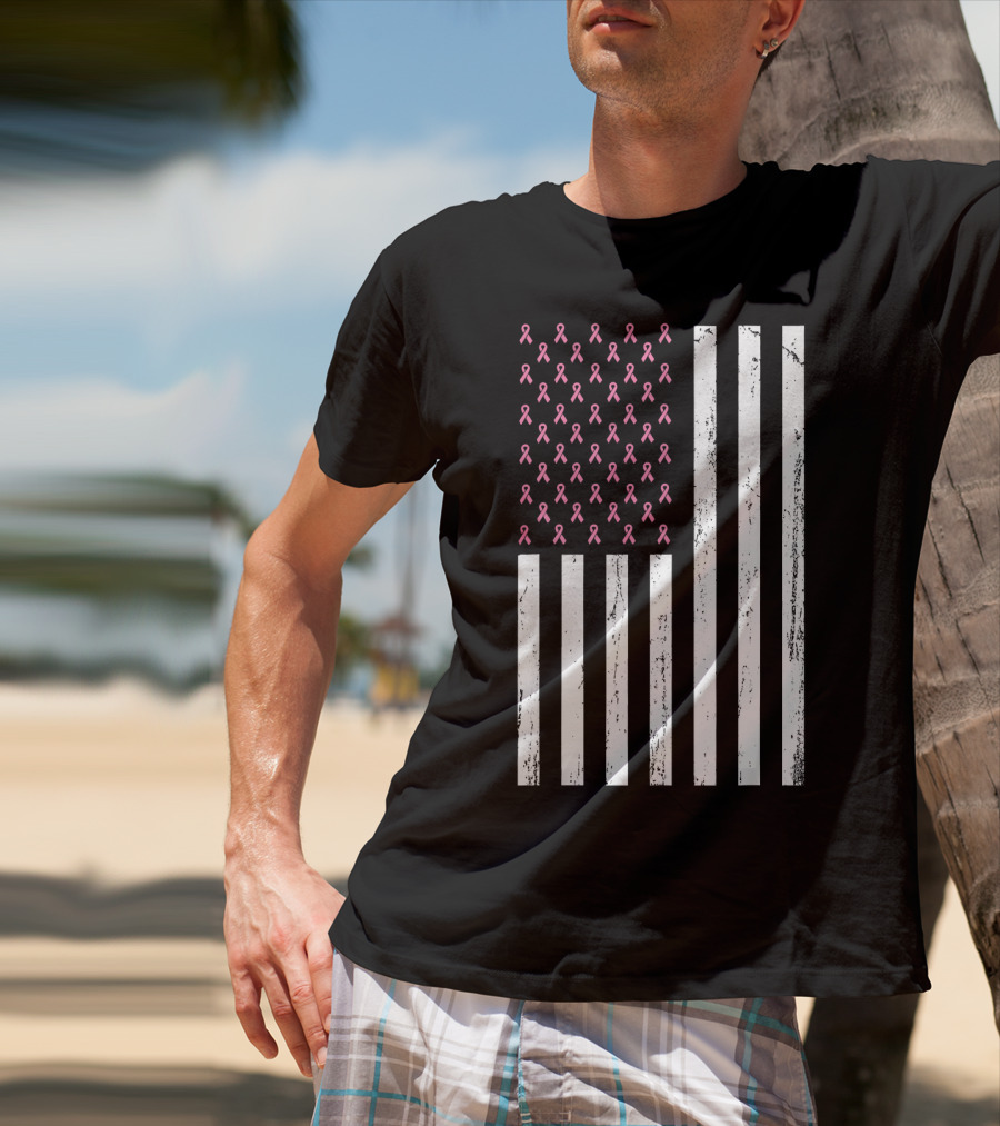 American Flag Pink Ribbons Breast Cancer Awareness T-Shirt