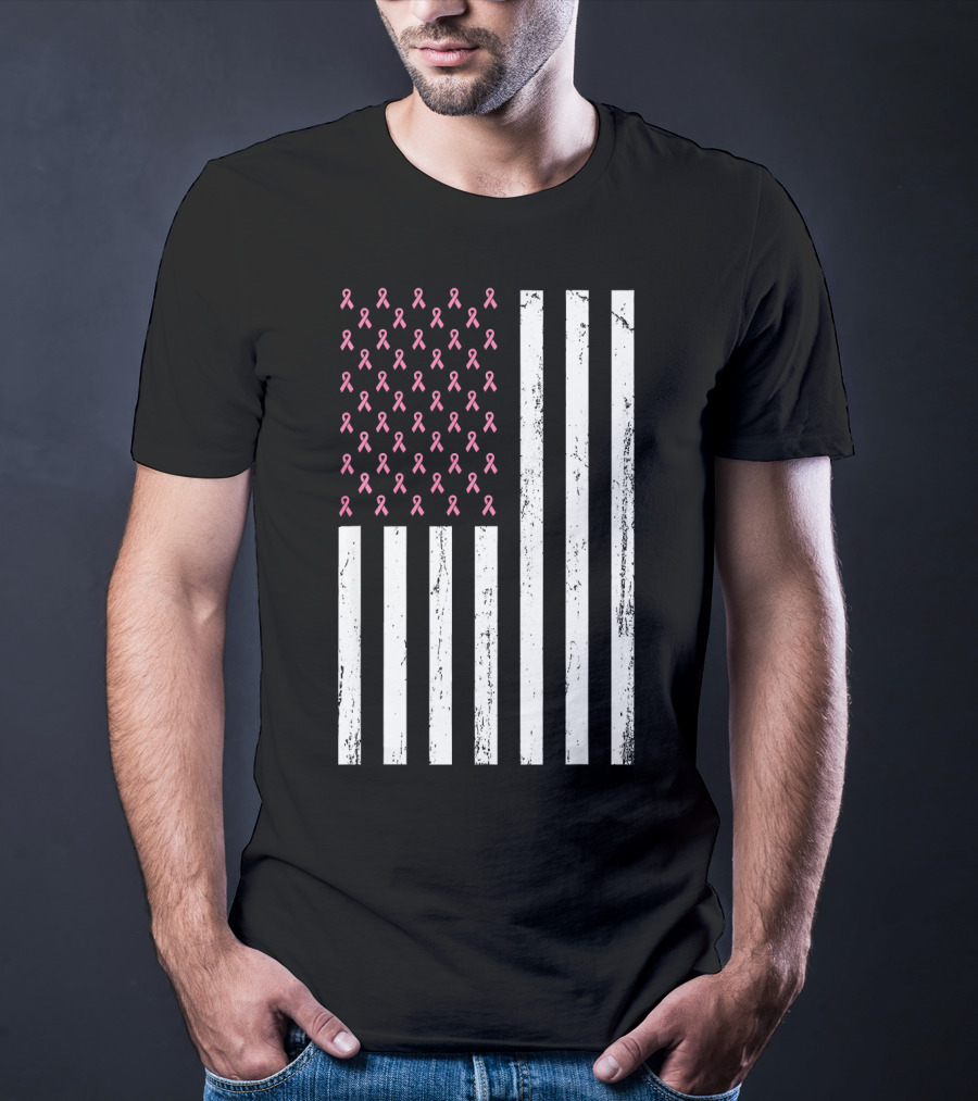 American Flag Pink Ribbons Breast Cancer Awareness T-Shirt