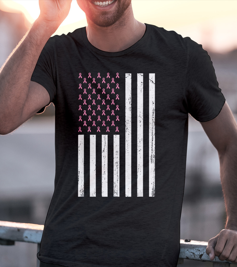 American Flag Pink Ribbons Breast Cancer Awareness T-Shirt