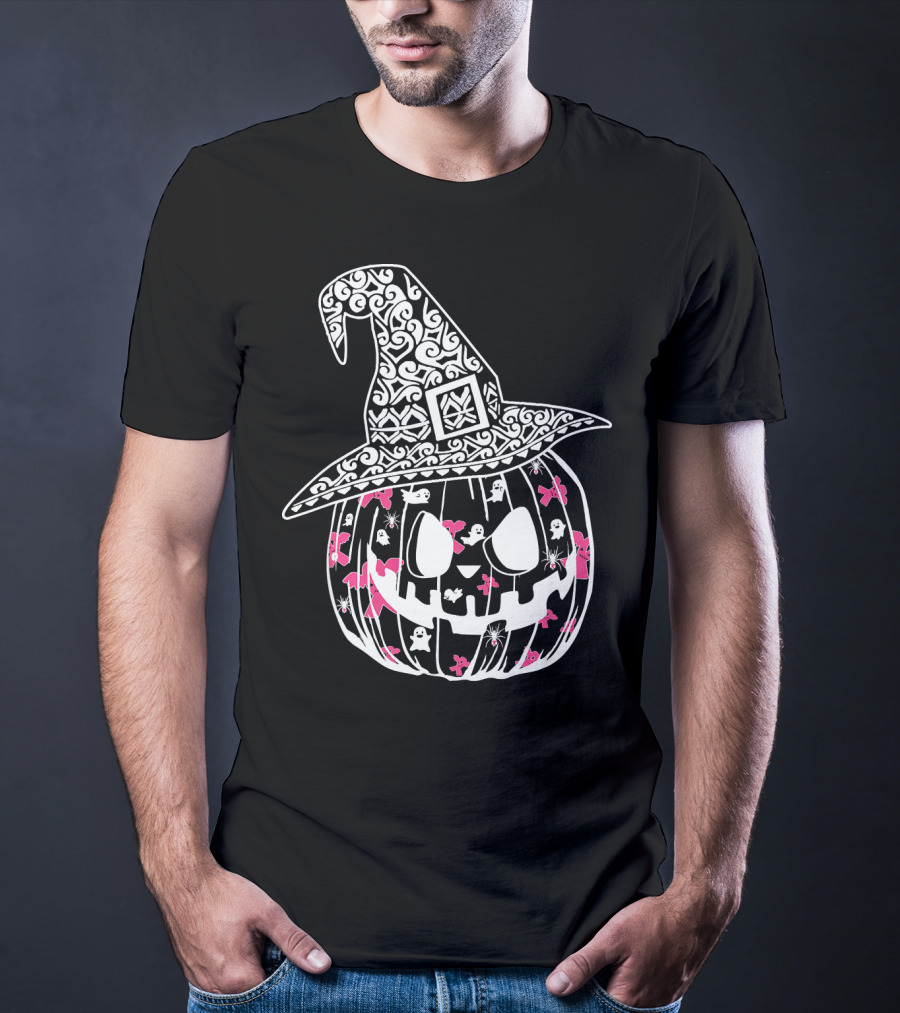 Halloween Carved Pumpkin With Pink Ribbon And Witch Hat For Breast Cancer Awareness T-Shirt