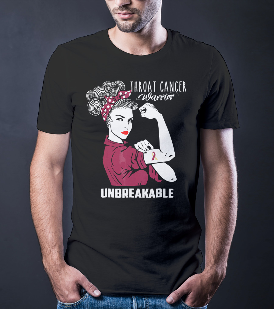 Throat Cancer Warrior Unbreakable Rosie The Riveter Ribbon Empowerment T-Shirt