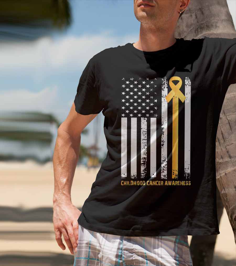 Childhood Cancer Awareness Gold Ribbon American Flag T-Shirt