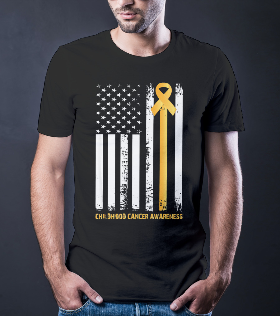 Childhood Cancer Awareness Gold Ribbon American Flag T-Shirt