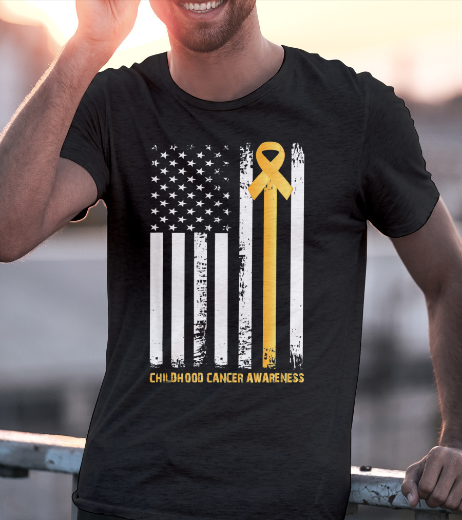 Childhood Cancer Awareness Gold Ribbon American Flag T-Shirt