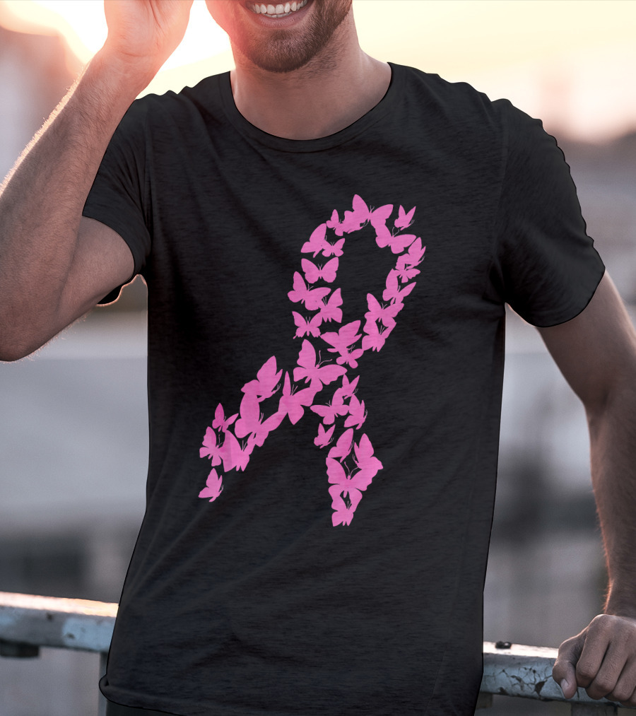 Pink Ribbon Butterfly Awareness Breast Cancer Cute T-Shirt