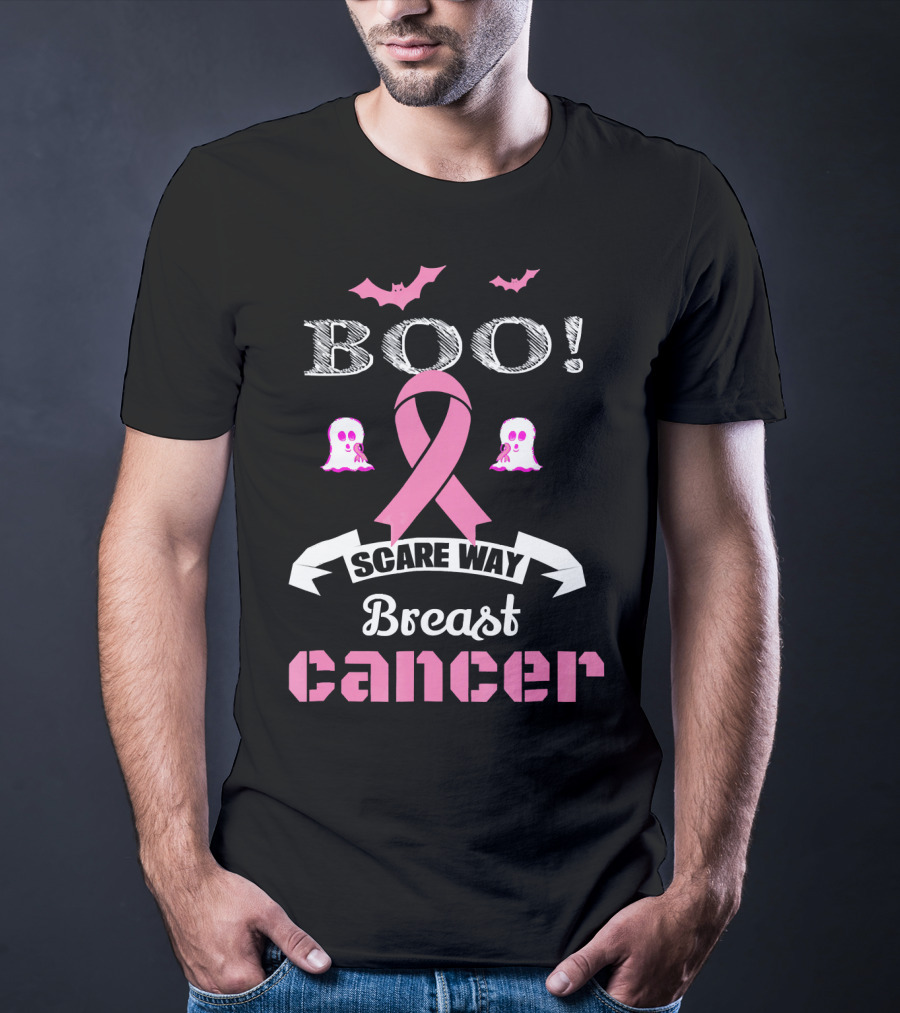 BOO Scare Away Breast Cancer Pink Ribbon Bats Ghosts T-Shirt