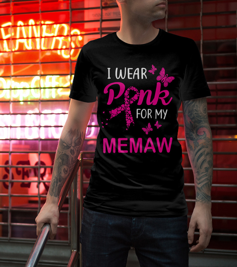 I Wear Pink For My Memaw Butterfly Heart Ribbon Breast Cancer T-Shirt