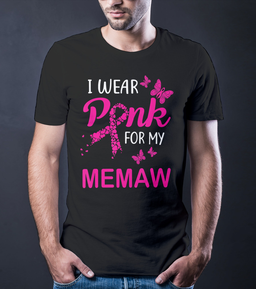 I Wear Pink For My Memaw Butterfly Heart Ribbon Breast Cancer T-Shirt