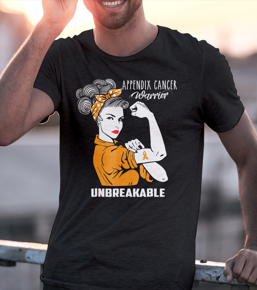 Appendix Cancer Warrior Unbreakable Awareness Ribbon Rosie The Riveter T-Shirt