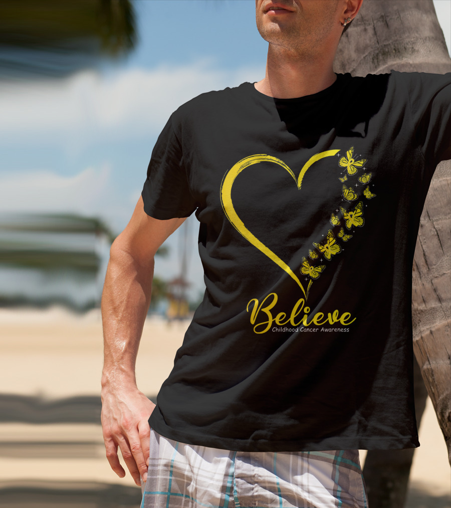 Believe Butterfly Heart Childhood Cancer Awareness T-Shirt
