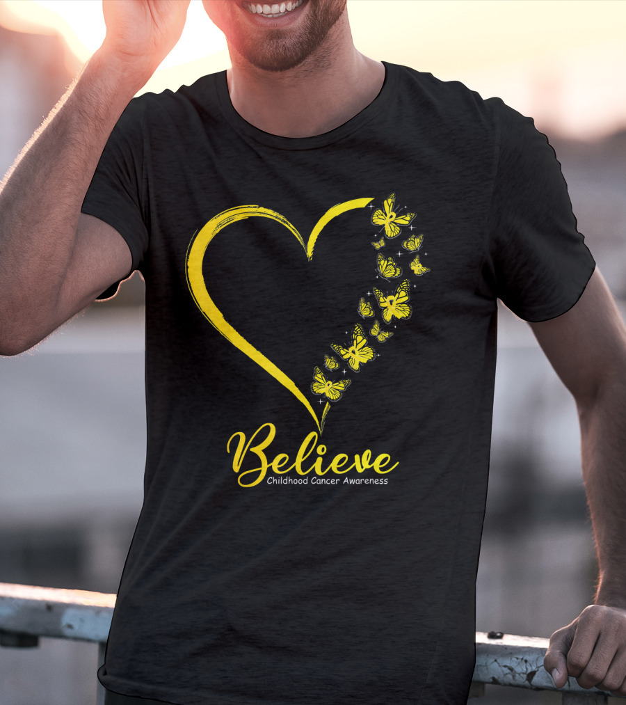 Believe Butterfly Heart Childhood Cancer Awareness T-Shirt