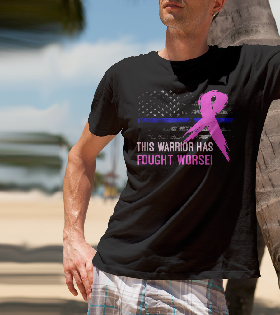 Thin Blue Line American Flag Pink Ribbon This Warrior Has Fought Worse T-Shirt