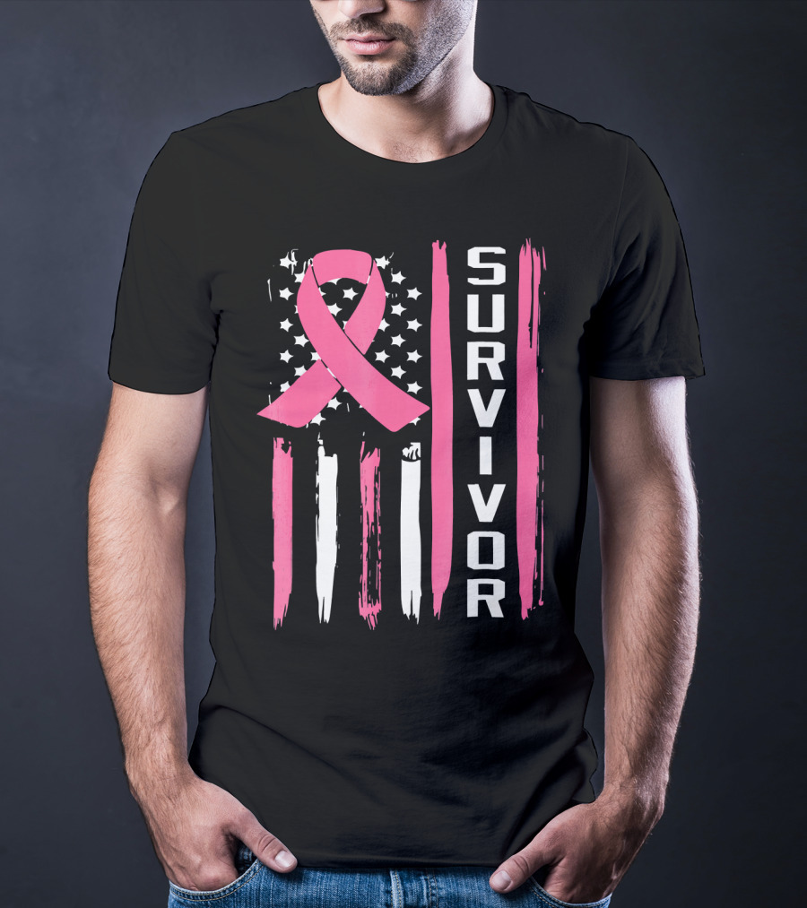 Survivor Breast Cancer Ribbon American Flag T-Shirt