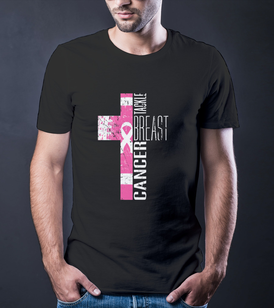 Tackle Breast Cancer Pink Ribbon Cross T-Shirt