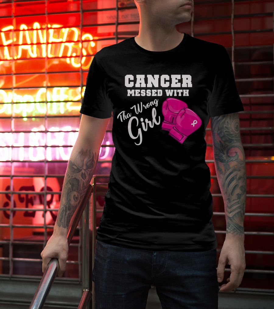 Cancer Messed With The Wrong Girl Boxing Gloves Breast Cancer Awareness T-Shirt